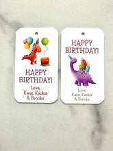 Load image into Gallery viewer, Dinosaur Gift Tag Enclosure Card Teacher Appreciation Birthday Party Gift Wrap Red Purple Kid Tag Name Card

