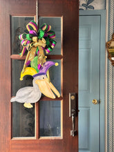 Load image into Gallery viewer, watercolor pelican with mardi gras jester hat door hanger
